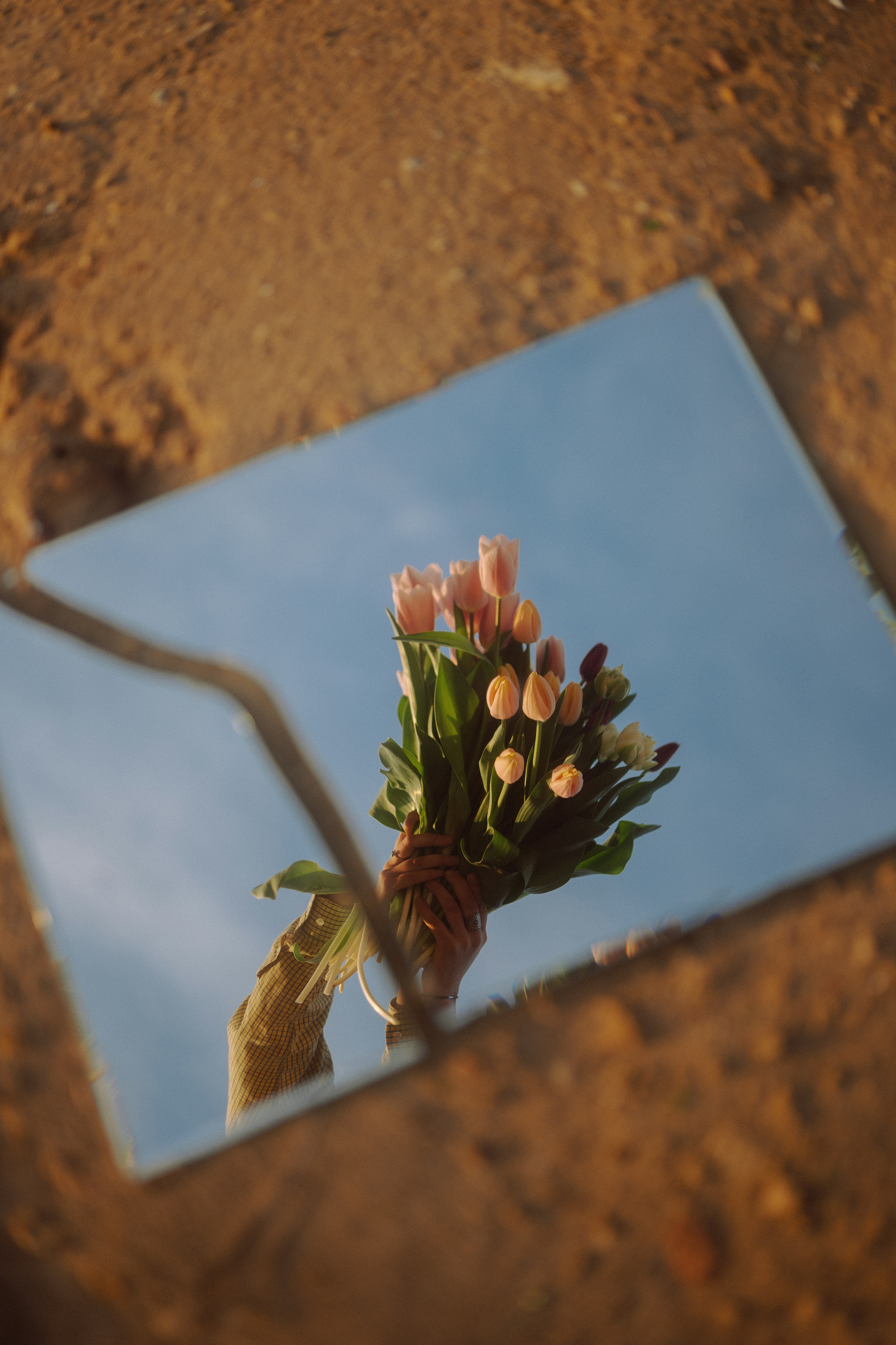 A bouquet of pink tulips reflected in a broken mirror on sandy ground, with the sky fragmented in the shards, creating a surreal and artistic floral scene.